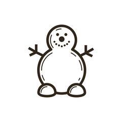 black and white simple vector line art icon of the cute snowman