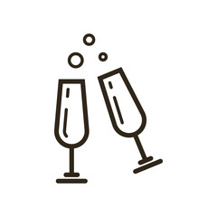 black and white simple vector line art icon of two glasses with champagne