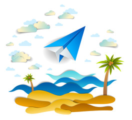 Fototapeta na wymiar Origami paper plane toy flying in sky over ocean waves with beach and palms, beautiful vector illustration of scenic seascape with toy jet in the clouds and sea shore.