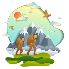 Fototapeta premium Father and son hiking to nature with mountain range, active men, fatherhood and teenager son growing masculine. Vector illustration of beautiful summer scenic landscape, birds in the sky, holidays.
