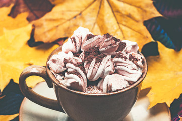 A cup of coffee with marshmallows sprinkled with chocolate on the background of yellow leaves. Close