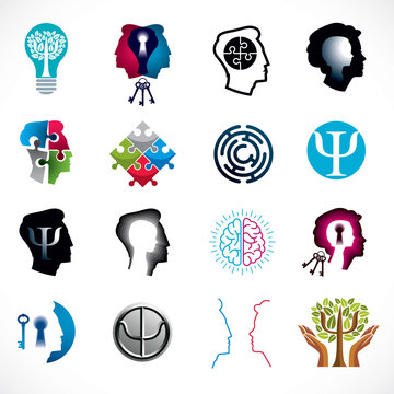 Psychology, human brain, psychoanalysis and psychotherapy, relationship and gender problems, personality and individuality, cerebral neurology, mental health. Vector icons or logos set.
