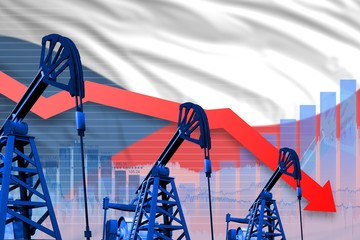 lowering, falling graph on Czechia flag background - industrial illustration of Czechia oil industry or market concept. 3D Illustration