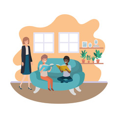 mother and sons sitting in couch avatar character