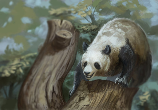 Panda bear having fun, standing on a tree stump ready to pounce - digital painting