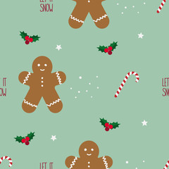 Christmas seamless pattern with gingerbread man cookie on green background