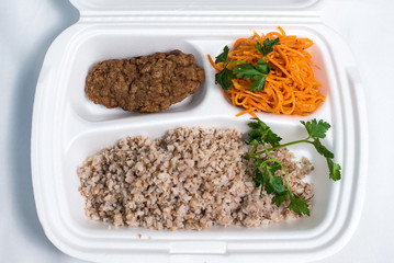 lunch box set. Disposable plastic lunch box. A white food box, lunch, fast food, isolated on white background