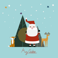 Christmas greeting card design with Santa, fox and reindee