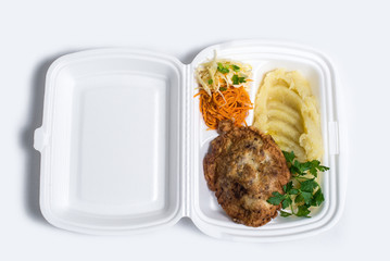 lunch box set. Disposable plastic lunch box. A white food box, lunch, fast food, isolated on white background