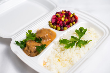 lunch box set. Disposable plastic lunch box. A white food box, lunch, fast food, isolated on white background