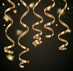 Set of decorative vertical serpentine for holiday decoration. Vector illustration. Realistic golden ribbons on black background