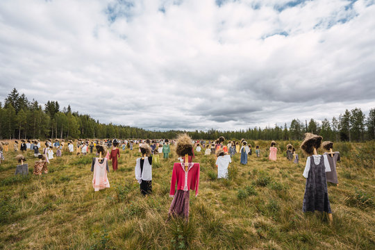Finland, Suomussalmi, The Silent People, art project with crowd of scare crows