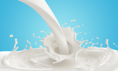 Pouring Milk splash or Yogurt isolated on blue background, 3d illustration.