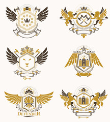 Obraz premium Vintage heraldry design templates, vector emblems created with bird wings, crowns, stars, armory and animal illustrations. Collection of vintage style symbols.