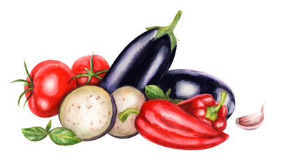 Fresh vegetables on white background. Healthy foods. Hand drawn watercolor