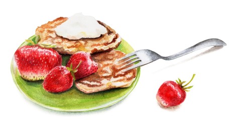 Tasty pancakes and red strawberries. Hand drawn watercolor