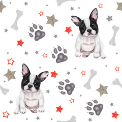 Seamless pattern with cute french bulldog puppies. Hand drawn watercolor - 232099389