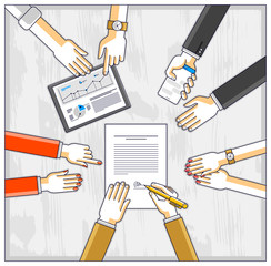 Business team make a presentation for investor and explains their plan with analytics, loaner or CEO chief signs financial document or order approve, deal conclusion. Top view of people hands. Vector.