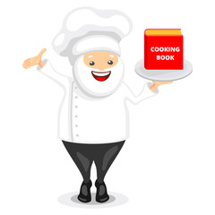 Cute chef character. Funny cook in white hat holding cooking book on a tray. Vector illustration in cartoon style.