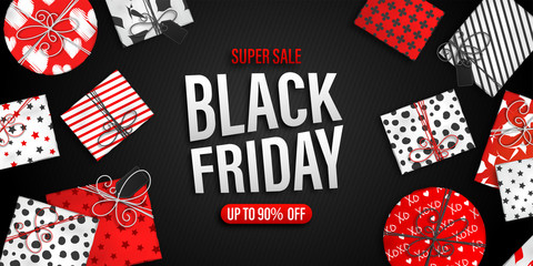 Black Friday Sale banner. Cool seasonal discount poster with red and white gift boxes on black background. Holiday design template for advertising shopping, closeout on thanksgiving day.