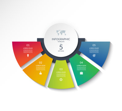 Business Infographic Semi Circle Template With 5 Options. Can Be Used As A Chart, Workflow Layout, Diagram, Data Visualization, Minimalistic Web Banner.