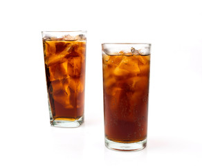 Drink cola with ice in glass on white background