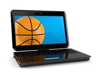 Basketball ball with laptop isolated