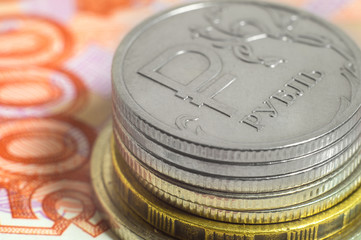 Business concept of rich, wealth, profit and finance. Background Russian rubles close-up. Stack of money coins