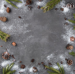 Christmas composition,  Christmas decoration, ribbot, pine cone, pine on wooden table, Flat lay, copy space, free space for text