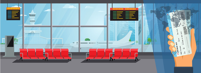 Airport Interior Waiting Hall Departure Lounge Modern Terminal Concept. High Detailed Flat color Vector Illustration