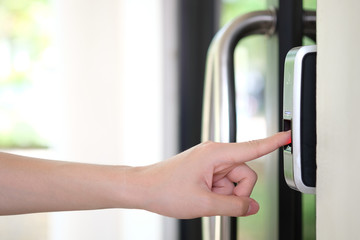 Track Employee Hours Using Biometric Fingerprint Scanner. Security, Door access control, Validation, cybersecurity and fingerprint password, Future Technology. Business Safety Concept.	