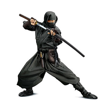 Illustration couleurs d'un guerrier Ninja arm&eacute; d'un sabre Katana
