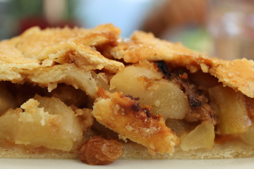 A front closeup of a strudel cake slice, with apples and raisin on a white dish, a typical German dessert