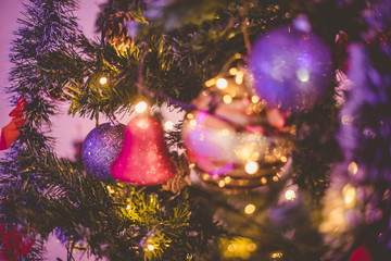 Christmas tree decorated with colorful balls and lights. close up on Christmas tree and Christmas 