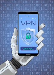 Connecting to VPN via Mobile Network. Mechanical hand of a robot holding smartphone showing mobile app of a VPN service on background of binary code. Illustration on the subject of 'Cyber-Security'.