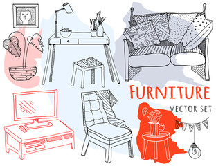 Hand drawn furniture. Graphic vector set. Colored elements