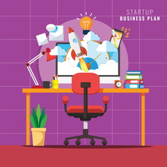 Startup workplace, Business concept with rocket