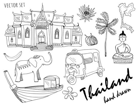 Hand drawn Thailand elements. Graphic vector set