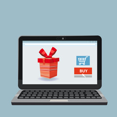 Laptop, noteebok with red gift box. Online shopping concept. Sale, e-commerce, retailing, discount theme. Creative flyer, poster template. Baner, poster, vector