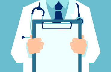 Fototapeta Vector of a doctor with lab coat holding a clipboard showing a blank document. obraz