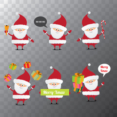 Set of christmas cartoon Santa Claus isolated on transparent background. vector illustration. Merry christmas background