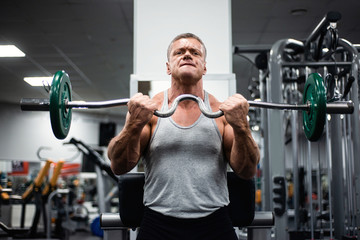 Fototapeta na wymiar athletic man trains in the gym. Training biceps with a barbell