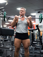 Fototapeta na wymiar athletic man trains in the gym. Training biceps with a barbell