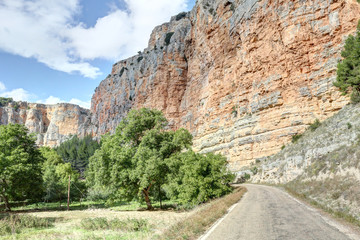A paved street in a sunny summer day going through the mountain and forest canyon of El Contorno, in the rural town of Calmarza, Aragon region, Spain
