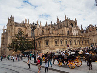 Naklejka na ściany i meble Seville cathedral with horse and carts