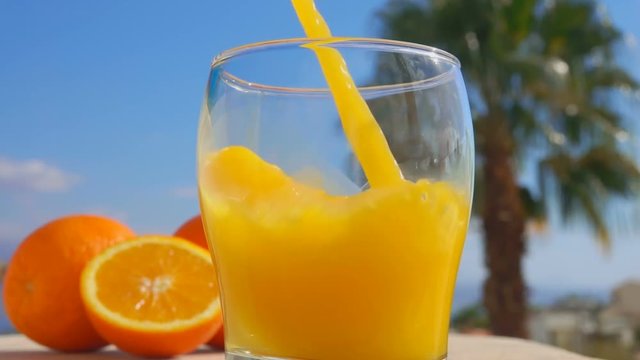 Orange juice is poured into a glass under a palm tree on the beach, close-up camera motion