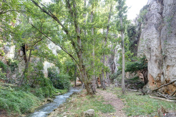 The Mesa river in its canyon, next to some rocks and a path in the Los Prados forest next to the rural small town of Jaraba, in Aragon region, Spain