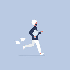 Young indian male character being late for a meeting. Office morning routine. Millennials at work. Flat editable vector illustration, clip art