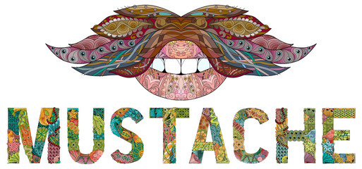 Mustache and mouth ornate sketch for your design. Drawing, floral