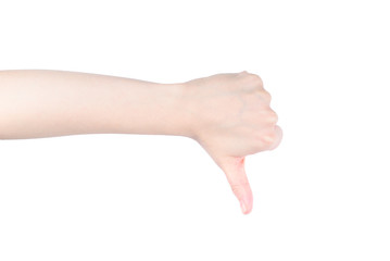 Thumb down female hand sign isolated on a white background. Symbol communication gesture object